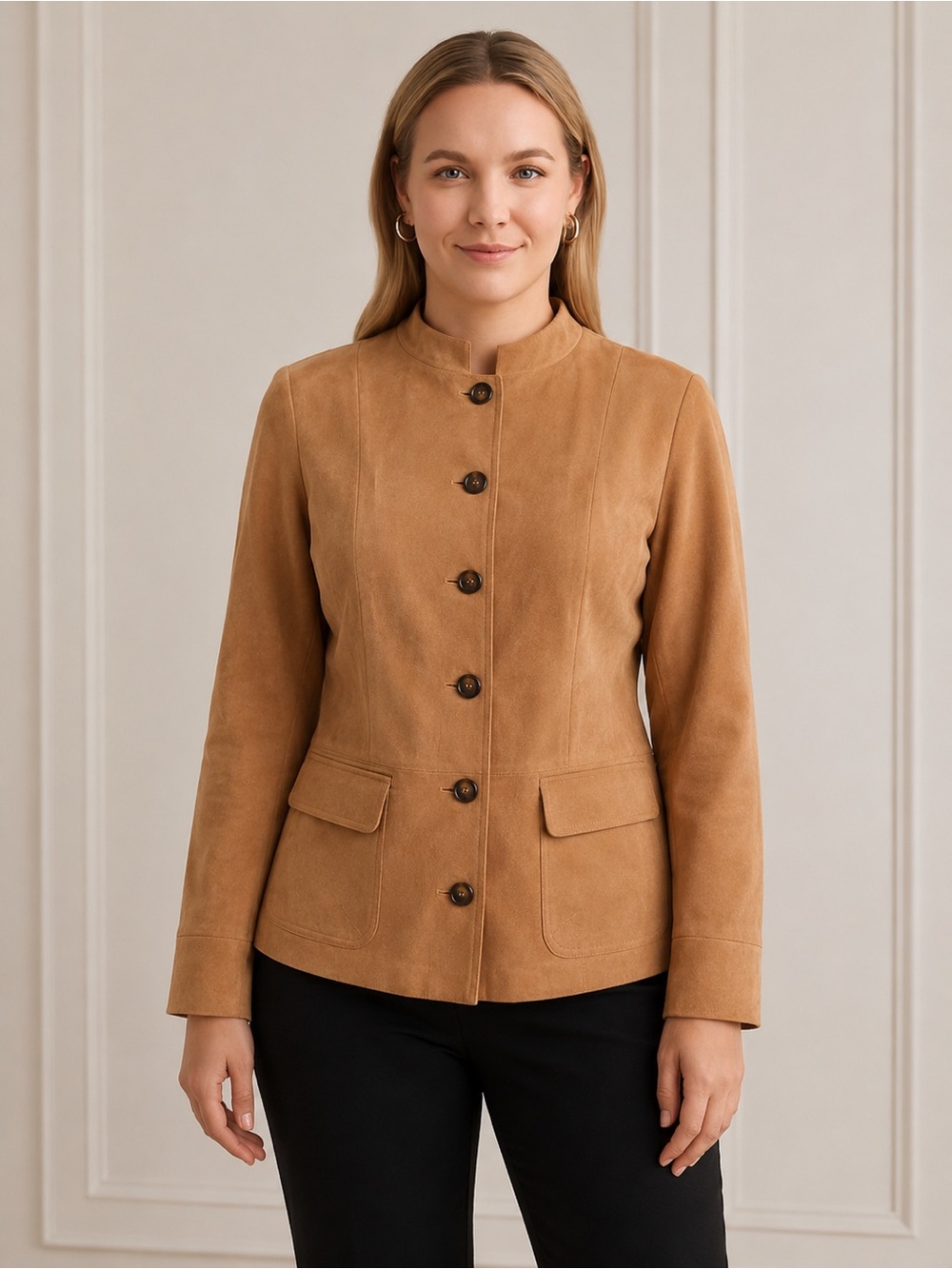 Chaqueta Anne Klein Color Durazno con Cuello Mao y Botones Talla 12 (M)